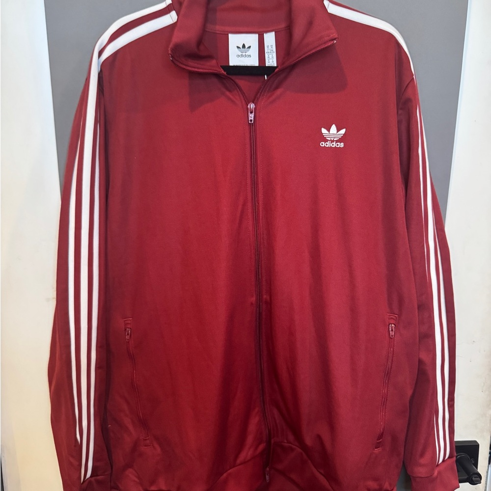Adidas Men's Burgundy Track Jacket with White Stripes